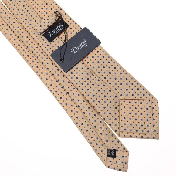 Drake's NWT Neck Tie Beige w/ Blue & Green Mini Floral / Geo Pattern 100% Silk